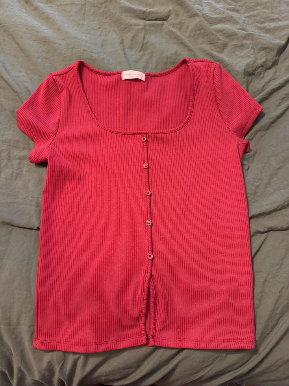 Short Sleeve Ribbed Button-Front Top - Red